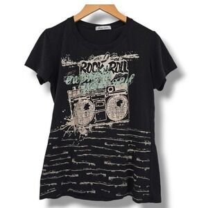 Hasse Ladies Y2K Vintage‎ Rock Roll Graphic Tee Boombox Print Short Sleeve Top